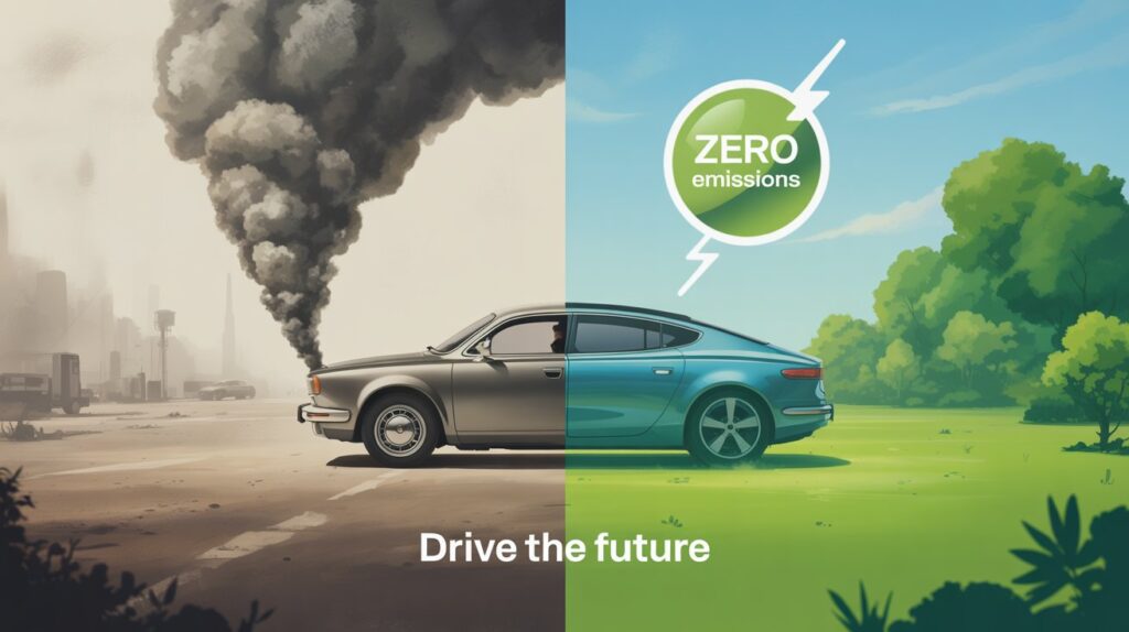 Imagem comparativa mostrando, de um lado, um carro a combustão emitindo fumaça em um ambiente poluído, e do outro, um carro elétrico circulando em um cenário limpo e verde, representando como os carros elétricos ajudam o meio ambiente ao reduzir a emissão de poluentes.