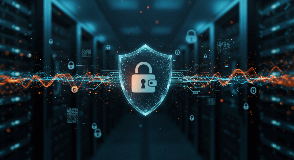 Ilustração de uma carteira de criptomoedas protegida por inteligência artificial, com escudo digital, firewall e códigos de blockchain simbolizando segurança reforçada contra ameaças virtuais.
