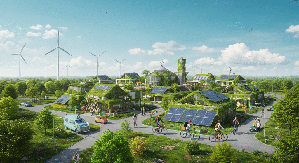 Cidade sustentável do futuro com prédios modernos equipados com painéis solares e turbinas eólicas, pessoas andando de bicicleta e caminhando em um parque verde sob um céu claro, representando harmonia entre tecnologia e natureza.