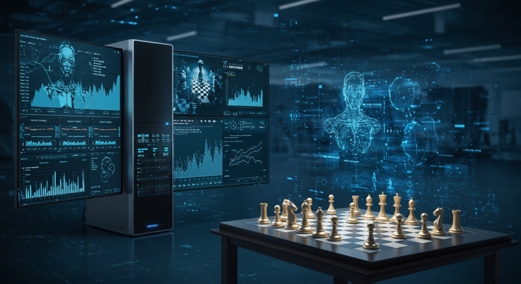 Computador avançado exibindo telas com múltiplas partidas de xadrez e gráficos de aprendizado, representando uma inteligência artificial que aprende estratégias rapidamente, com peças de xadrez físicas ao lado e hologramas de campeões mundiais ao fundo.