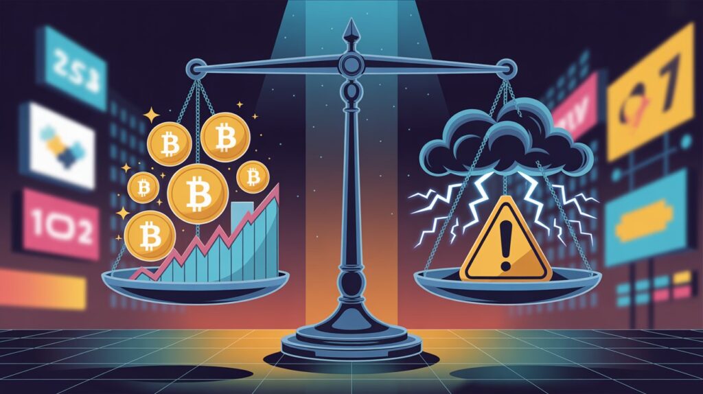 Imagem conceitual mostrando o equilíbrio entre lucros e riscos no investimento em criptomoedas, com balança, gráficos e símbolos de alerta.