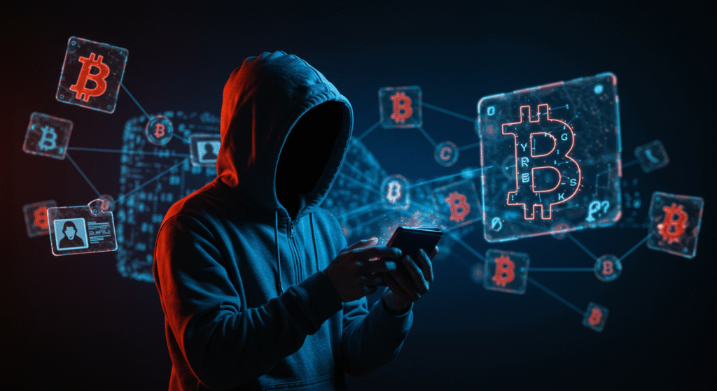Ilustração digital de uma figura anônima observando uma carteira de Bitcoin, com endereços codificados ao redor e conexões visíveis na blockchain, representando o caráter pseudônimo das transações.