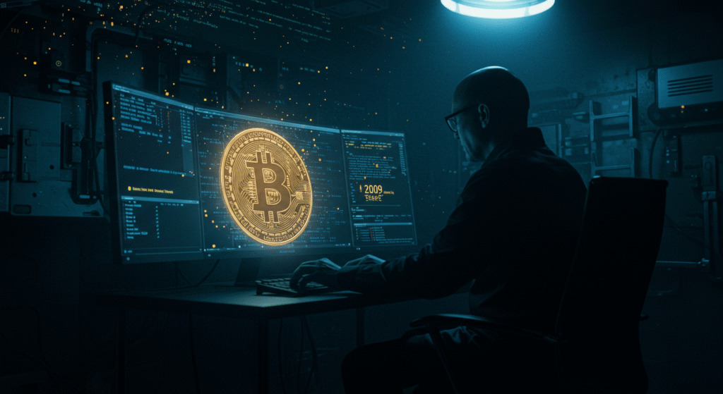 Arte digital de uma figura misteriosa diante de um computador, com o símbolo do Bitcoin na tela e códigos brilhando ao redor, representando o criador anônimo Satoshi Nakamoto em 2009.