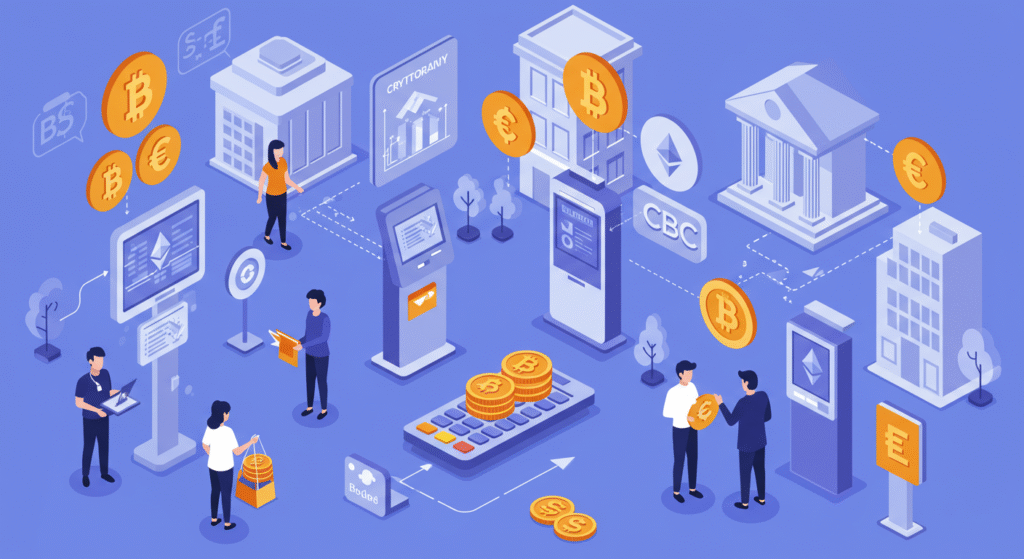 Ilustração moderna mostrando o futuro das criptomoedas com pessoas usando pagamentos em cripto, bancos centrais adotando moedas digitais (CBDCs) e integração de blockchain no dia a dia, simbolizando a adoção crescente das criptomoedas por governos, empresas e usuários comuns.