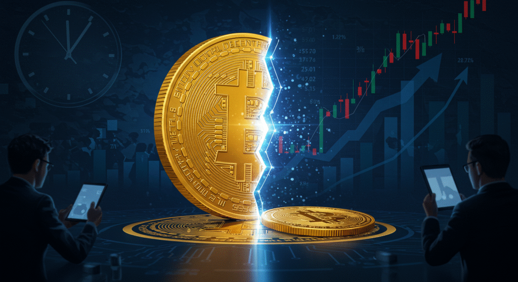 Imagem conceitual de um símbolo do Bitcoin sendo dividido ao meio por uma linha de luz, representando o "halving". Ao fundo, gráficos em alta e investidores atentos, com elementos digitais como contagem regressiva e cores escuras que transmitem tecnologia e escassez.