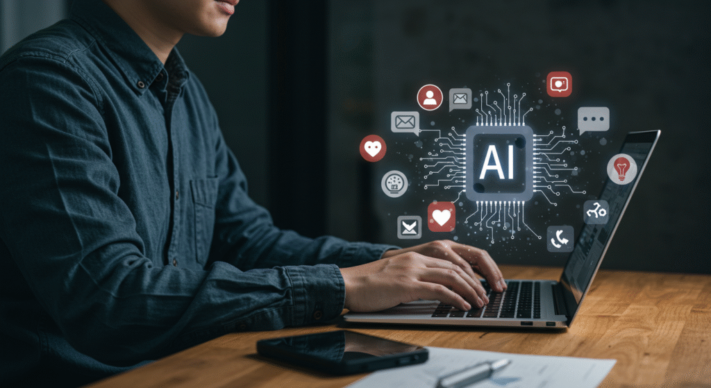 Pessoa jovem usando laptop em ambiente moderno, explorando ferramentas de inteligência artificial, cercada por ícones que representam criatividade, empatia e pensamento crítico, simbolizando a preparação para um futuro com IA.