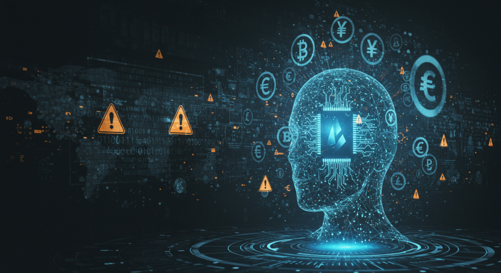 Ilustração futurista mostrando a integração entre inteligência artificial e criptomoedas, com elementos digitais como cadeias de blocos, algoritmos e símbolos de moedas digitais, destacando desafios éticos e de segurança na tecnologia.