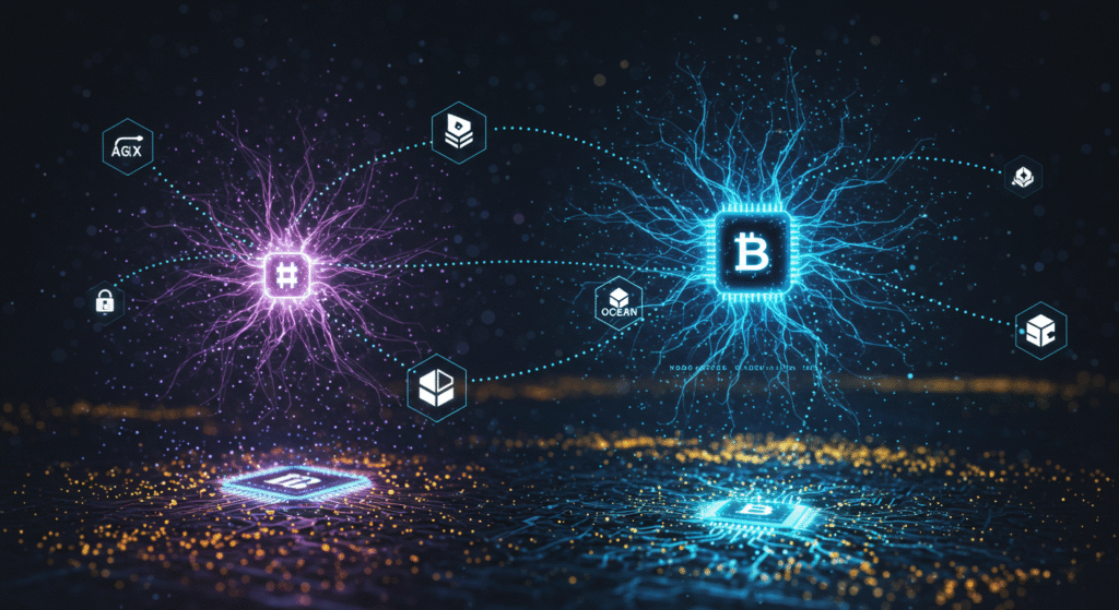 Ilustração conceitual mostrando a convergência entre inteligência artificial e blockchain, com rede neural se integrando a nós digitais e ícones de projetos cripto baseados em IA.