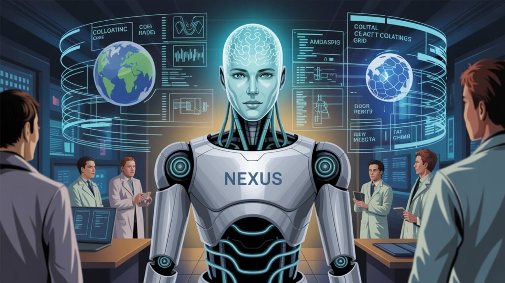 Imagem futurista de uma inteligência artificial geral (AGI) humanoide com cérebro digital iluminado, cercada por dados holográficos, enquanto resolve problemas globais como mudanças climáticas e medicina. Cientistas humanos observam com expressões de admiração e preocupação, refletindo o potencial e os riscos da AGI.