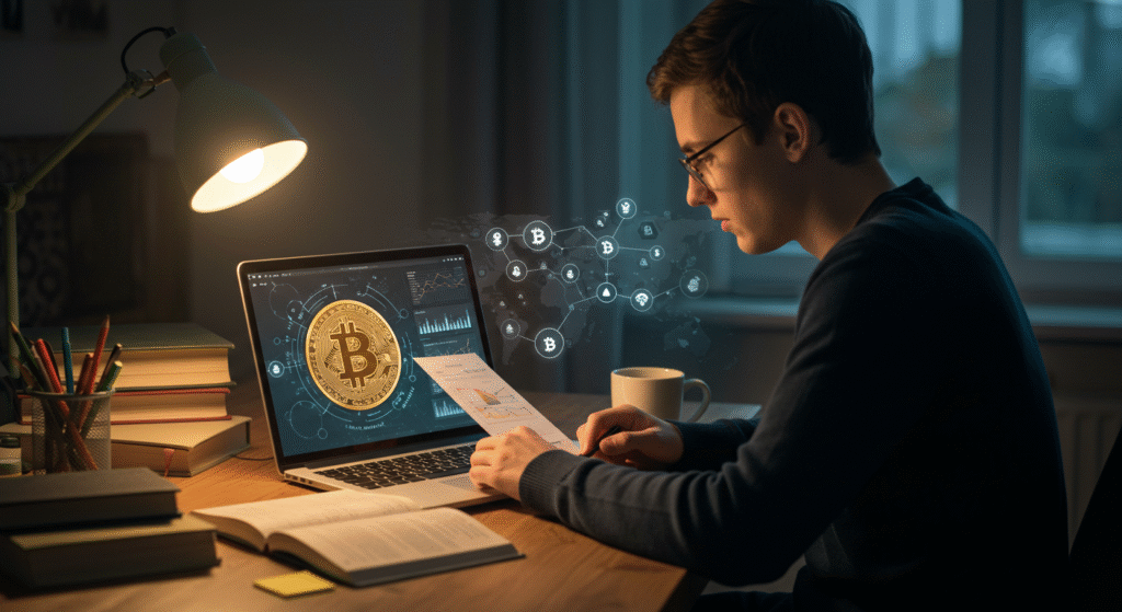 Pessoa jovem estudando sobre Bitcoin em um laptop, com gráficos e o símbolo da criptomoeda na tela. Ao redor, livros, anotações e uma xícara de café em uma mesa, transmitindo foco e interesse em aprender sobre o mundo das finanças digitais.