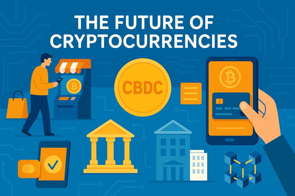 Ilustração sobre o futuro das criptomoedas, incluindo CBDCs, pagamentos com Bitcoin e Ethereum, uso de blockchain por empresas e integração com aplicativos financeiros em 2025.