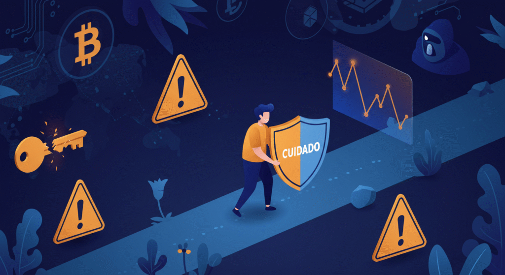 Ilustração mostrando uma pessoa com escudo caminhando entre alertas de risco no mundo das criptomoedas, como chave privada quebrada, ataques de hackers e alta volatilidade, representando os cuidados necessários ao investir em criptoativos.