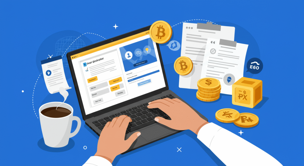 Ilustração digital mostrando o processo de compra de Bitcoin: cadastro em corretora, envio de documentos, depósito via Pix e aquisição de frações da criptomoeda