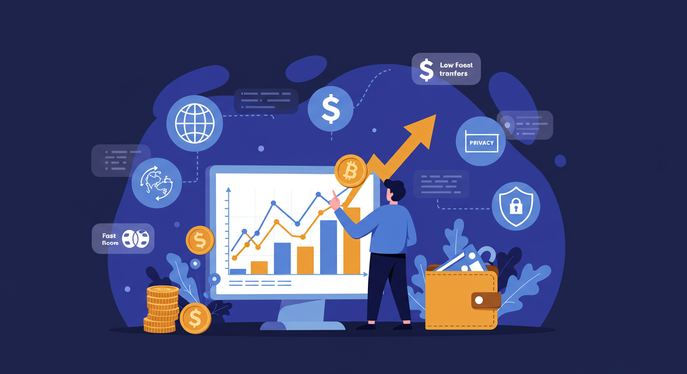 Ilustração mostrando uma pessoa analisando o crescimento do Bitcoin em um gráfico com variações acentuadas, cercada por ícones de transferências globais, baixas taxas, privacidade e independência financeira — principais motivos do interesse em criptomoedas.