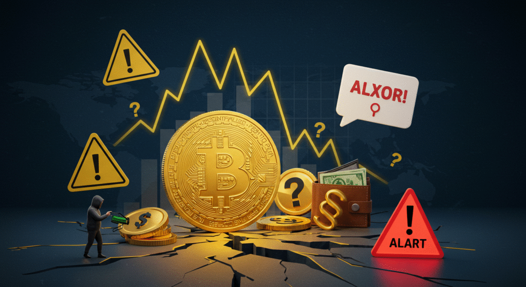 Ilustração conceitual mostrando os riscos de investir em Bitcoin, incluindo gráficos voláteis, hackers, símbolos legais com interrogações e alertas de golpe ao redor de uma moeda Bitcoin instável.
