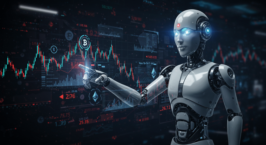 Ilustração de um robô de negociação automatizada analisando gráficos de criptomoedas em uma interface futurista, representando o uso de inteligência artificial no trading