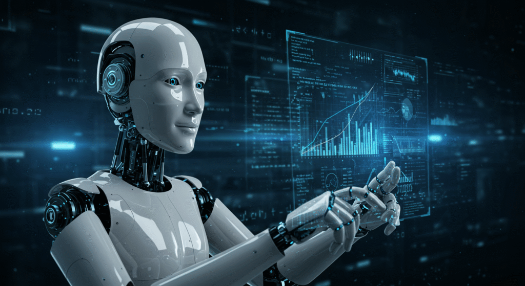 Ilustração futurista de um robô humanóide representando a inteligência artificial geral (AGI), analisando gráficos e códigos em uma tela digital