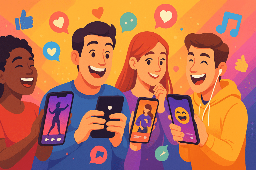 Ilustração moderna e colorida com quatro pessoas assistindo a vídeos curtos em seus smartphones, representando o sucesso do TikTok e Reels. Elementos gráficos como corações, curtidas e balões de comentários destacam o engajamento nas redes sociais.