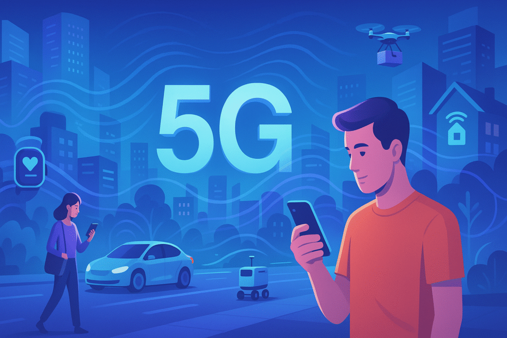 Cidade inteligente futurista representando o impacto da tecnologia 5G em 2025, com pessoas usando smartphones, carros autônomos, robôs de entrega e dispositivos conectados, simbolizando a conectividade invisível do 5G no dia a dia.