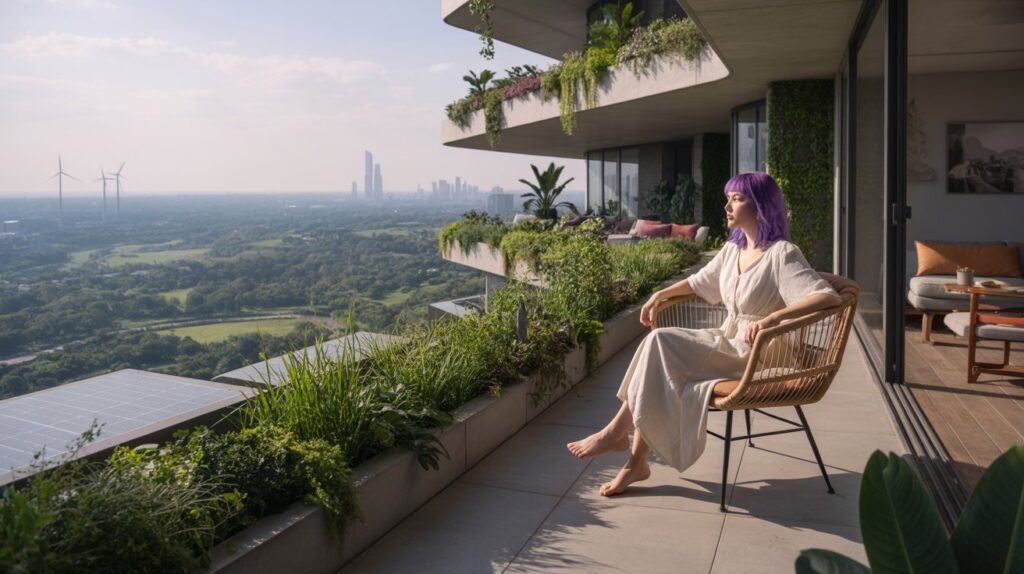 Cenário futurista com tecnologia verde: prédios modernos com painéis solares, turbinas eólicas ao fundo, vegetação integrada à arquitetura urbana