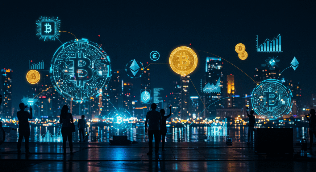Cenário futurista representando a união entre inteligência artificial e criptomoedas, com hologramas digitais, gráficos em ascensão e símbolos de inovação, ilustrando um futuro promissor e transformador para o mercado financeiro.