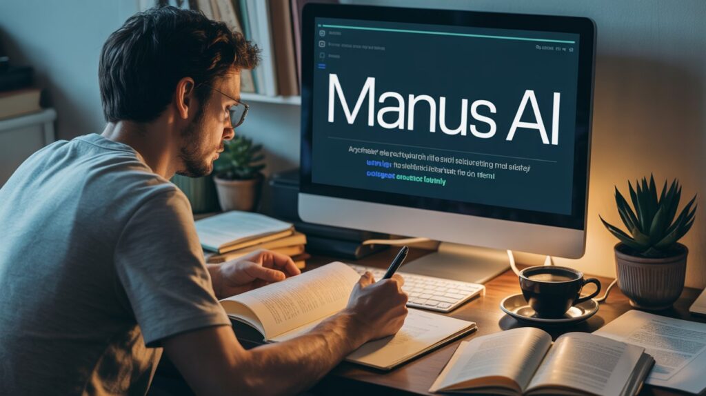Homem usando a inteligência artificial Manus AI para escrever melhor
