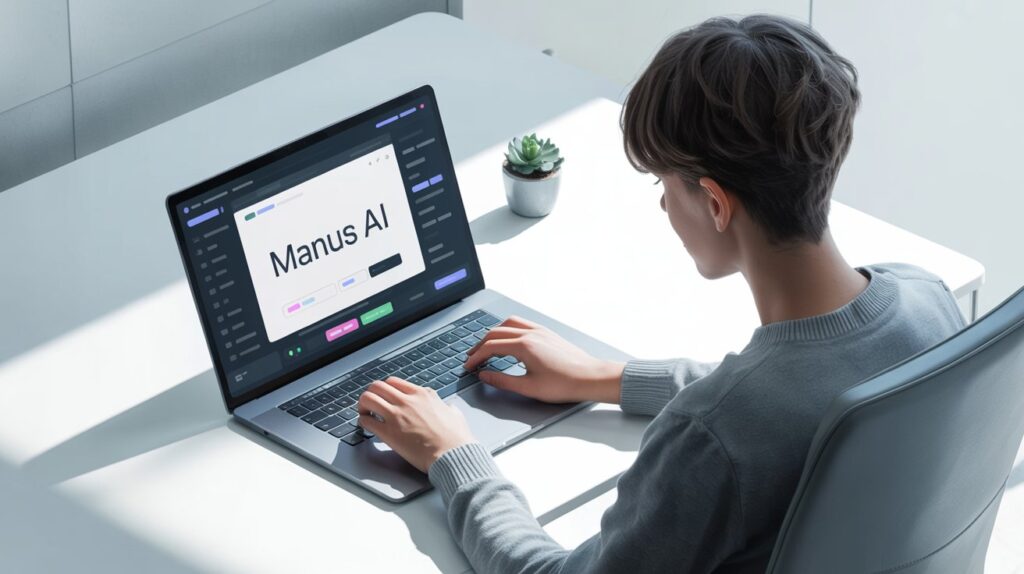 jovem digitando em um notebook moderno com a interface da Manus AI