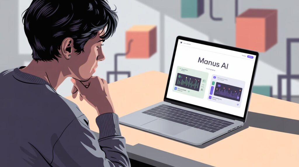Ilustração digital de uma pessoa jovem usando um notebook moderno, com a interface da Manus AI.