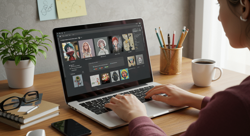 Ilustração de uma pessoa usando o Leonardo AI em um notebook, com a interface da plataforma aberta. O ambiente é moderno e criativo, com uma mesa, planta e café, representando o uso da IA na criação artística.
