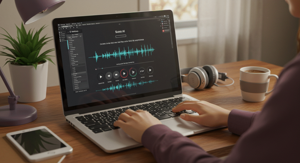 Mulher usando o Suno AI em um notebook, com a interface da plataforma aberta mostrando elementos como ondas sonoras e controles de reprodução. O ambiente é moderno, criativo e lembra um estúdio caseiro, com mesa, planta, fones de ouvido e uma xícara de café, representando a criação de música com inteligência artificial.