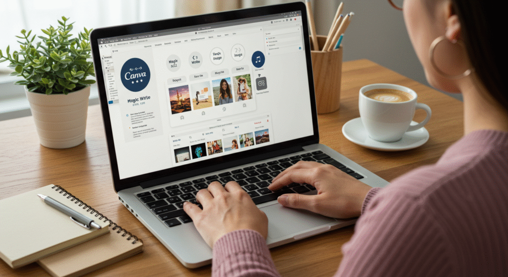 Uma mulher usando o Canva com IA em um notebook, com a interface da plataforma aberta. A tela exibe um projeto de design com imagens e textos. O ambiente é moderno e criativo, com mesa, planta, caderno e café, representando a criação de conteúdos visuais com auxílio da inteligência artificial.