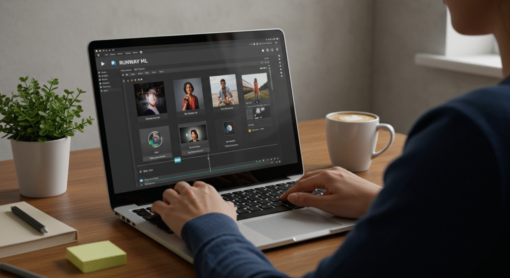 Uma pessoa usando o Runway ML em um notebook, com a interface do software aberta mostrando ferramentas de edição de vídeo com IA. O ambiente é moderno, com uma mesa, planta e café, transmitindo uma atmosfera de trabalho criativo e tecnológico.