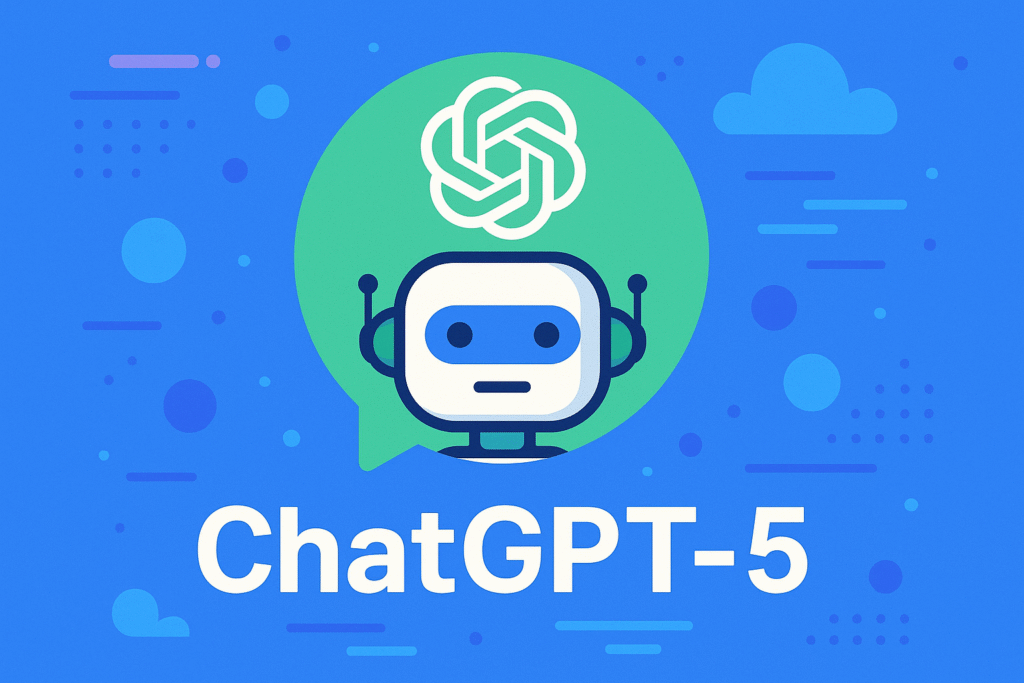 Ilustração moderna do ChatGPT-5 com robô estilizado dentro de balão de fala verde, logo da OpenAI e fundo azul com elementos tecnológicos abstratos.