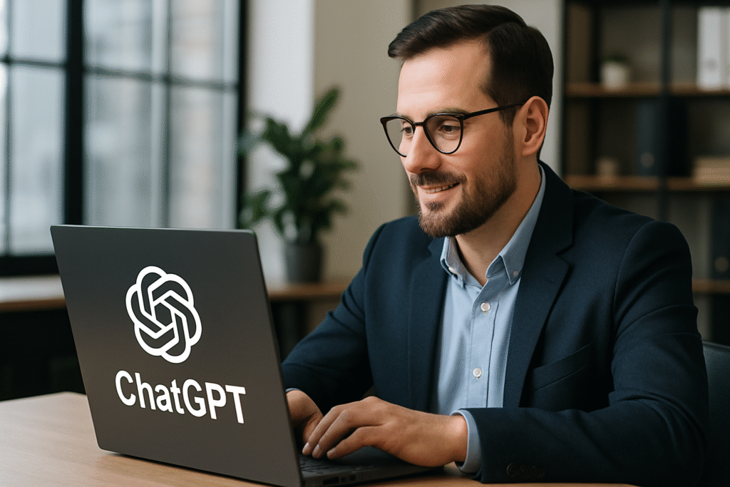 Homem usando o ChatGPT em um notebook em um ambiente de escritório moderno.