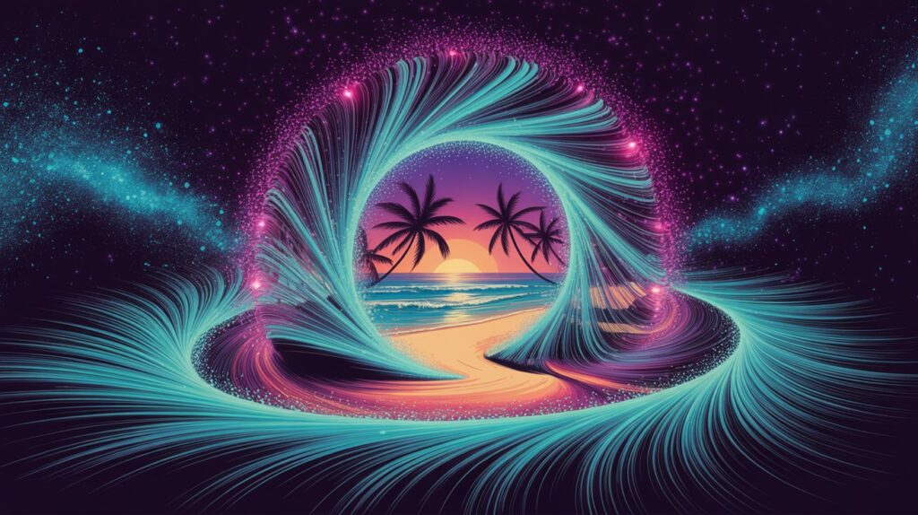 Ilustração conceitual mostrando uma inteligência artificial transformando dados em imagens, com formas e cores se unindo para formar uma paisagem digital, representando o funcionamento das IAs geradoras de imagens.