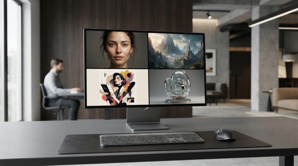 Monitor em um estúdio de design moderno exibindo quatro estilos de imagens criadas por inteligência artificial: retrato fotorrealista, paisagem fantástica, ilustração digital e arte 3D.