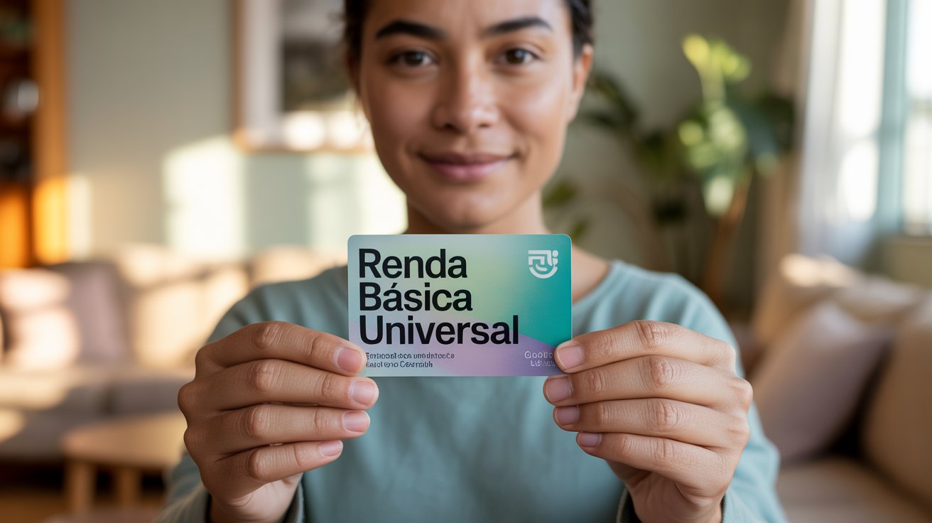 Pessoa segurando um cartão com o texto Renda Básica Universal, simbolizando acesso garantido a benefícios sociais e inclusão financeira.