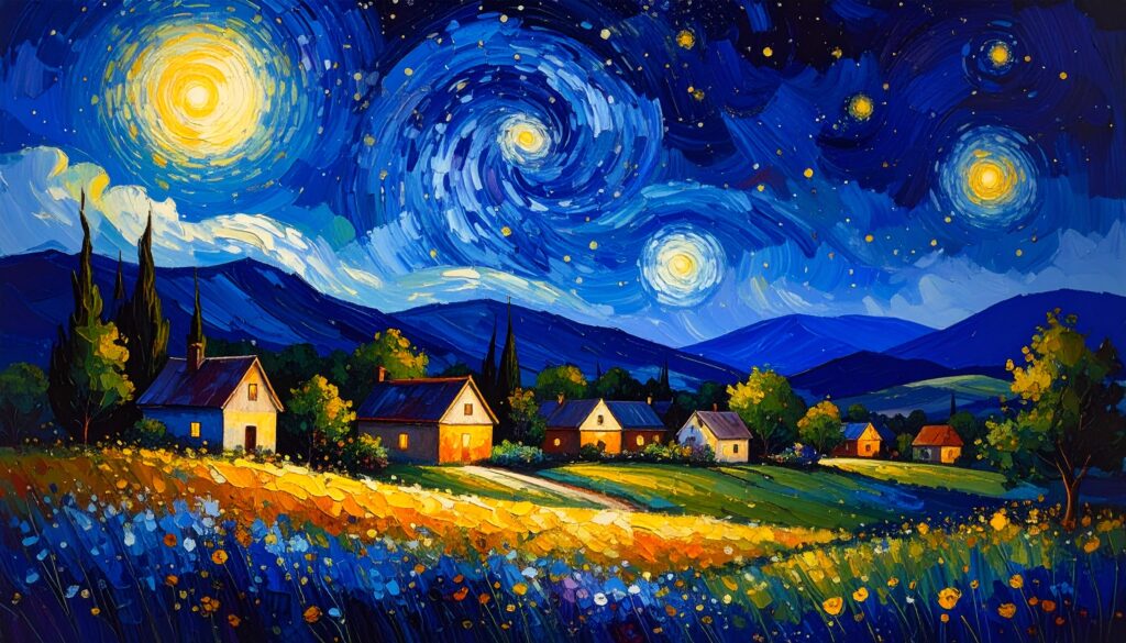 Pintura de uma paisagem noturna estrelada sobre uma vila tranquila, em estilo pós-impressionista inspirado em Vincent van Gogh.