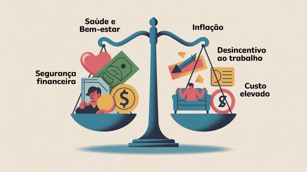 Balança ilustrativa comparando vantagens e desvantagens da Renda Básica Universal
