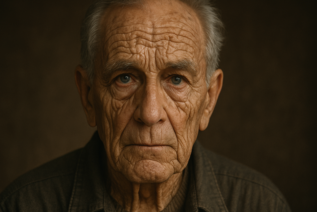 Retrato de um idoso com expressão marcante, rugas profundas e reflexo nos olhos, capturado em close-up com iluminação suave e fundo desfocado.