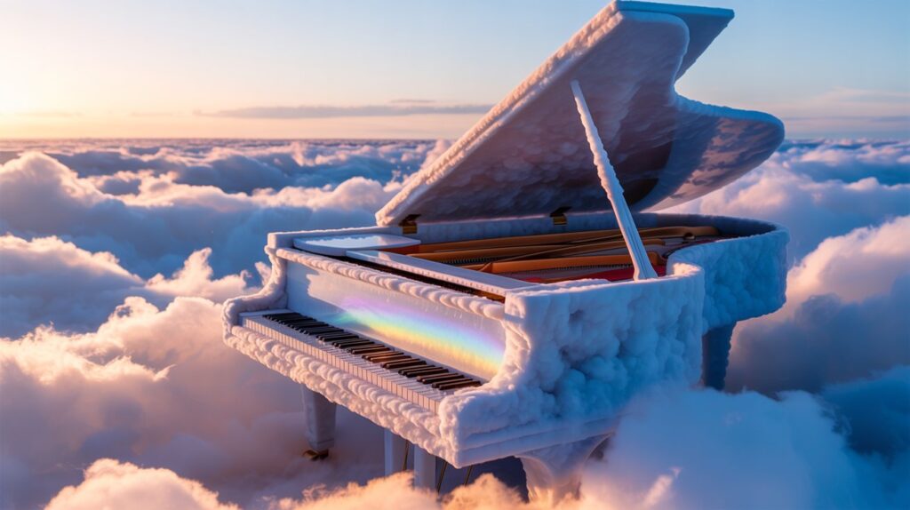 Imagem artística de um piano feito de nuvens brancas, flutuando em um céu azul
