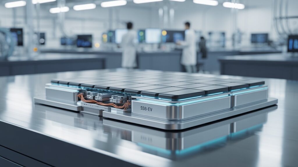 Bateria de estado sólido para carros elétricos com design moderno em um laboratório high-tech.