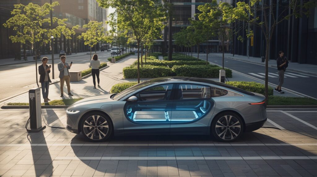 Carro elétrico moderno com bateria de estado sólido visível por painel translúcido, circulando numa cidade com árvores. 
