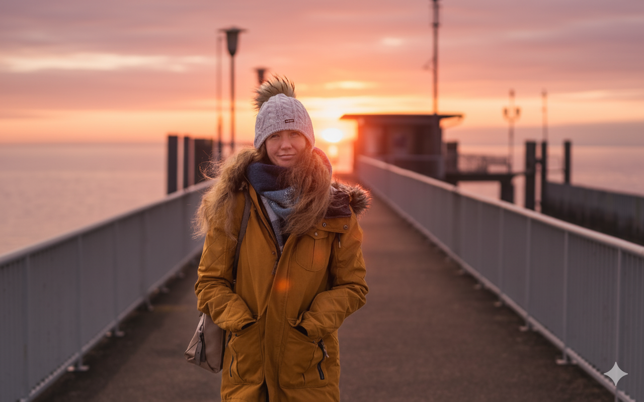 Foto editada pelo Gemini Nano Banana de uma mulher com roupas de frio numa ponte ao pôr do sol