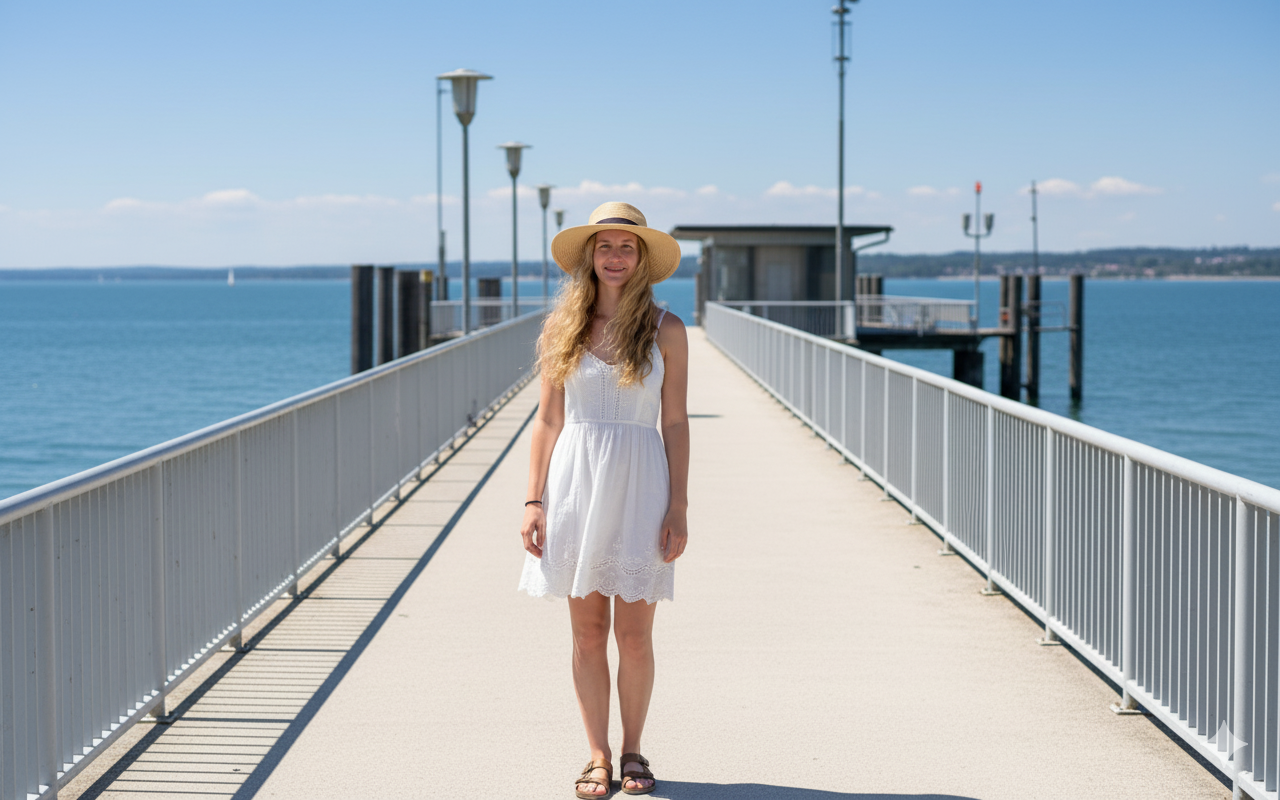 Foto editada pelo Gemini Nano Banana de uma mulher com roupas de verão numa ponte