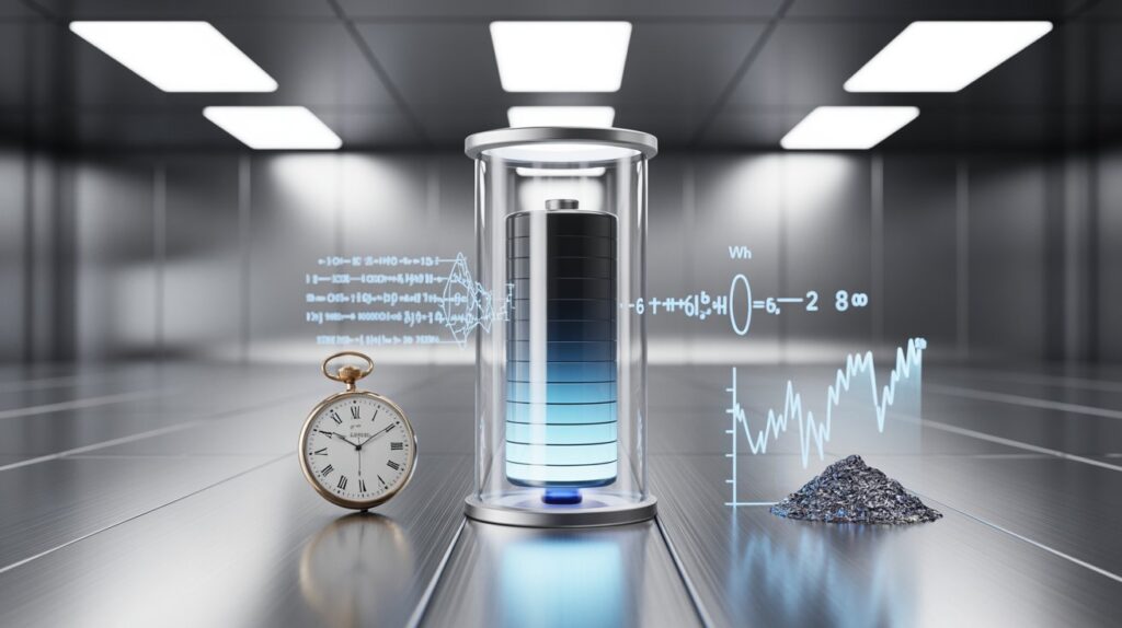 Imagem de uma bateria de estado sólido rodeada por símbolos de desafios como relógio, gráficos financeiros e elementos químicos, com fundo de laboratório tecnológico e equipamentos científicos.