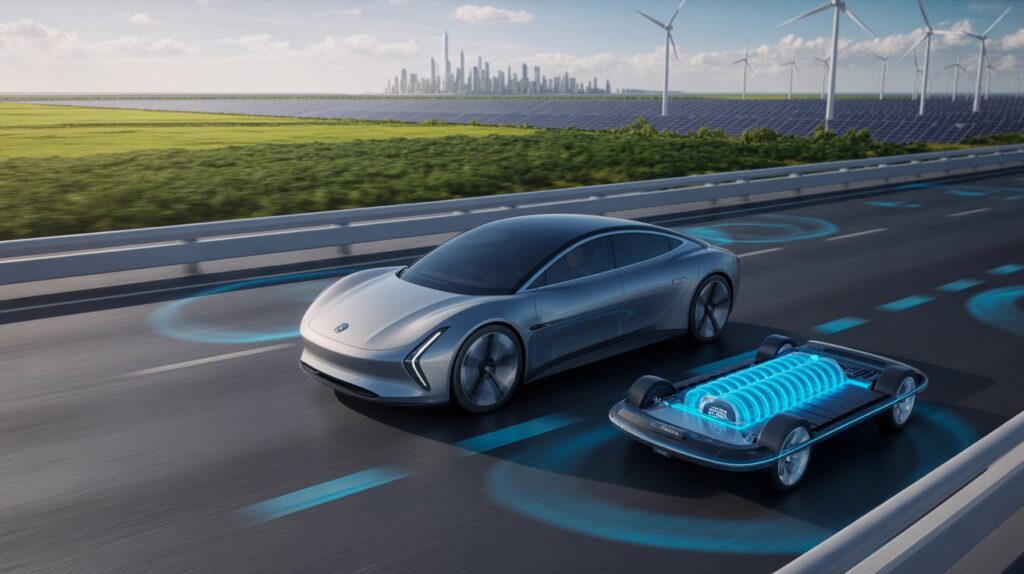 Carro elétrico futurista equipado com bateria de estado sólido. O veículo está em uma estrada inteligente cercada por paisagens verdes. Ao fundo, uma cidade tecnológica com turbinas eólicas e painéis solares, simbolizando sustentabilidade, inovação e o futuro da mobilidade elétrica.