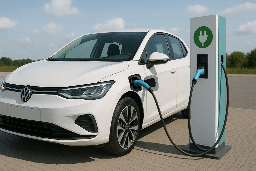 Volkswagen elétrico conectado a uma estação de recarga em um estacionamento