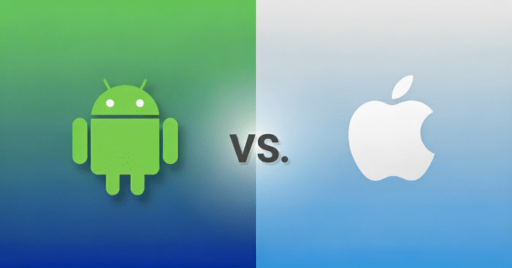 Logotipo do Android (robô verde) à esquerda, um 