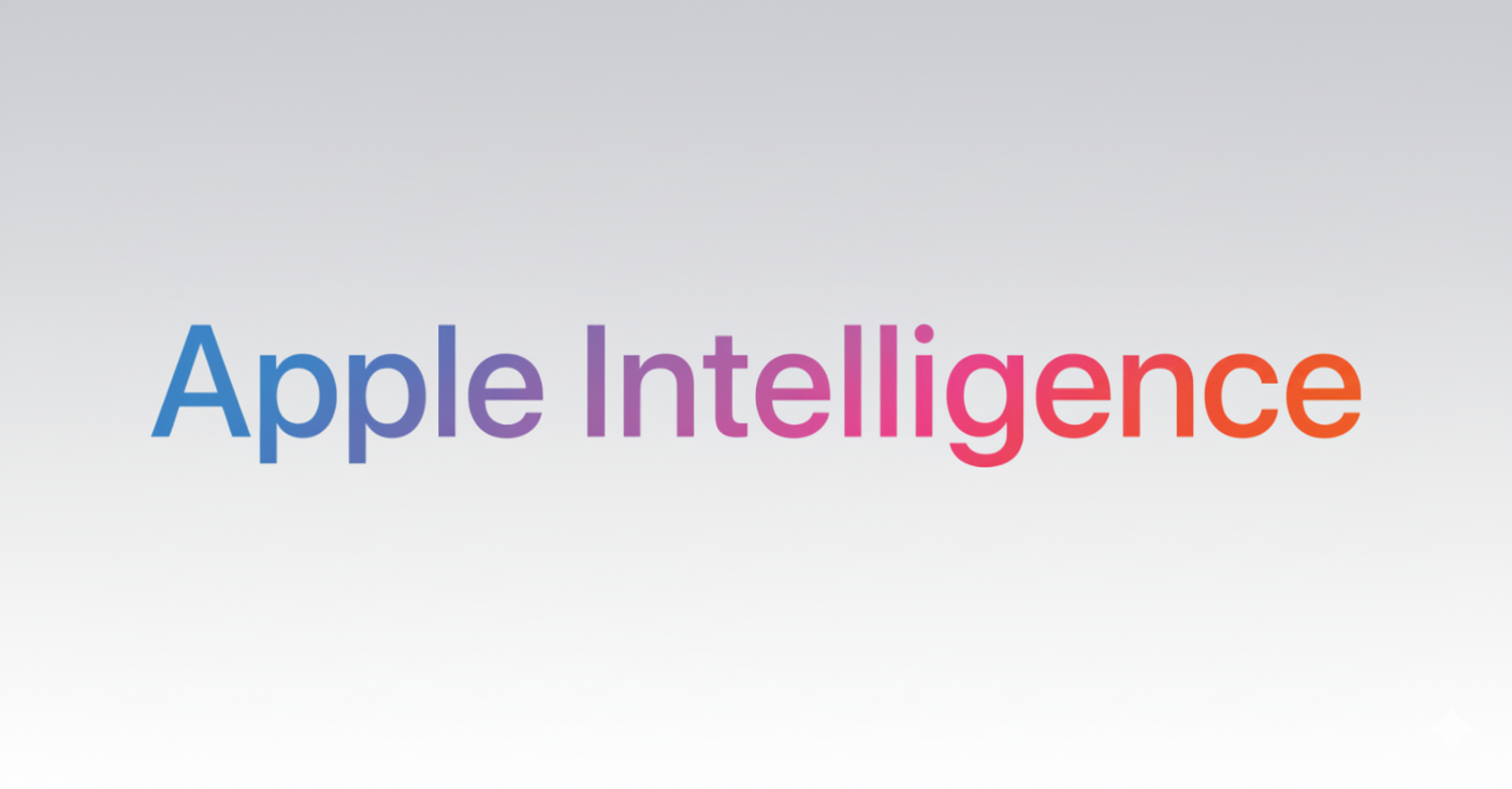 Logo 'Apple Intelligence' com um gradiente de cores. O fundo é um gradiente suave de cinza claro.